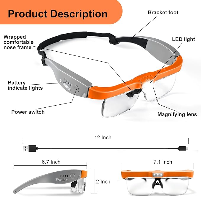 Magnifying Glass with Light Hands Free, Rechargeable Magnifying Glasses Headset with 5 Detachable Lenses Magnifier for Close Work, Reading, Jewelry Making Crafts (Orange & Gray)