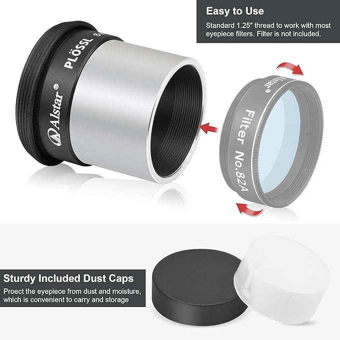 Alstar 1.25 Inch Plossl Telescope Eyepiece - 8mm Fully Multicoated Optical Lens for 1.25inch Astronomic Telescope and Astronomy Filters - 4 Element Plossl Design