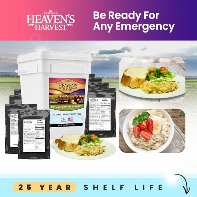 Heaven’s Harvest 25-Year Family Food Kit — Emergency Food Supply. Freeze Dried Survival Food Kit + Water-Proof 25-Year Storage Bucket. MRE Meals/Non-Perishable & Perfect Camping Food (60 Servings)