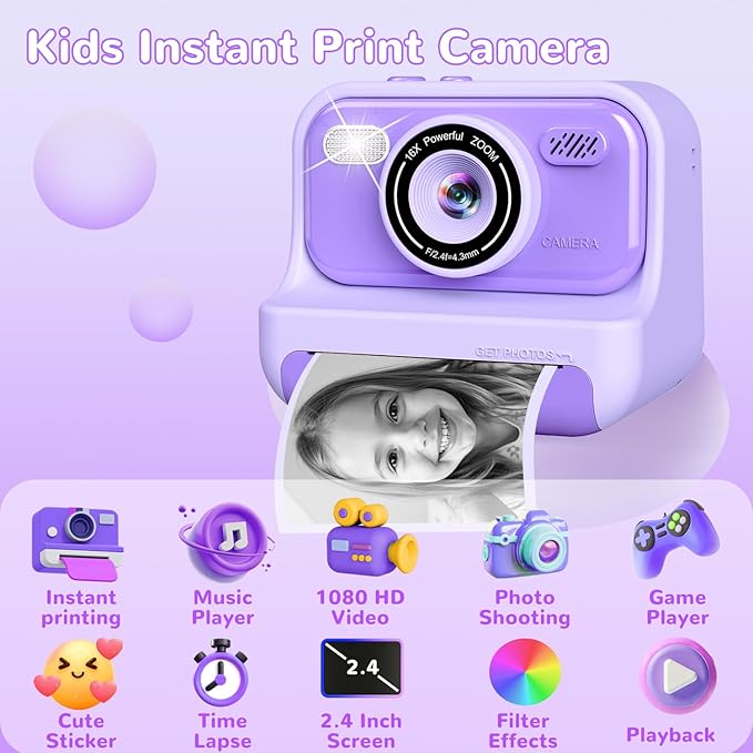 Instant Print Camera for Kids, Valentine‘s Day Present Birthday Gifts for 3 4 5 6 7 8 9 10 Year Old Girls and Boys, 1080P Digital Camera with 2.4 Inch Screen, Portable Toddler Travel Toys, Purple