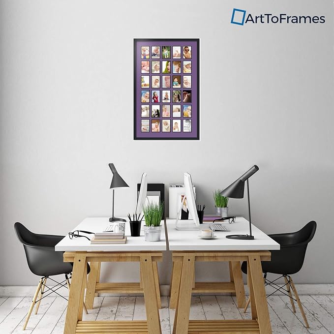 ArtToFrames Collage Photo Frame Double Mat with 30-4x6 Openings with Satin Black Frame and Grape mat.