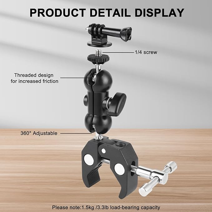 UTEBIT Super Clamp Camera Mount with 360° Ballhead Magic Arm, Super Clamp Mount with 1/4" and 3/8" Thread, Desk/Bike/Bicycle/Motorcycle/ Handlebar for GoPro, Phone, Camera, Monitor, LED Light