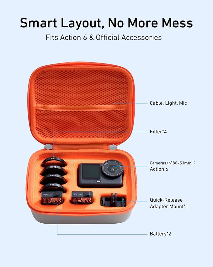 TELESIN DisAdv Carrying Case for DJI Osmo Action 6 and Official Accessories, Waterproof Hard Carrying Bag for Camera Batteries Filter Mount, DJI Osmo Case Hard Shell Action Camera Bag, Grey