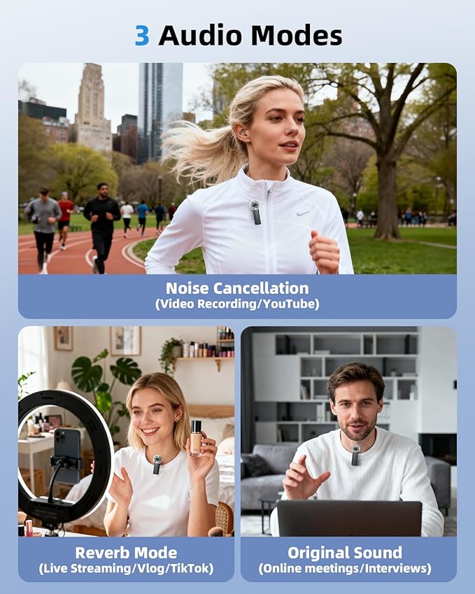 3-in-1 Mini Microphones: Wireless Lavalier Microphone with AI Noise Reduction for iPhone 15/14/13/12, Android, Cameras 12H Battery, Plug and Play Wireless Microphones for Vlog/YouTube/TikTok/Live