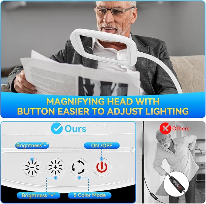30X 10X Extra Large Floor Magnifying Glass with Light and Stand,60 LED Flexible Gooseneck Floor Magnifying Lamp with 5 Color Modes, 2-in-1 Lighted Magnifiers for Close Work, Sewing,Crafts, Painting
