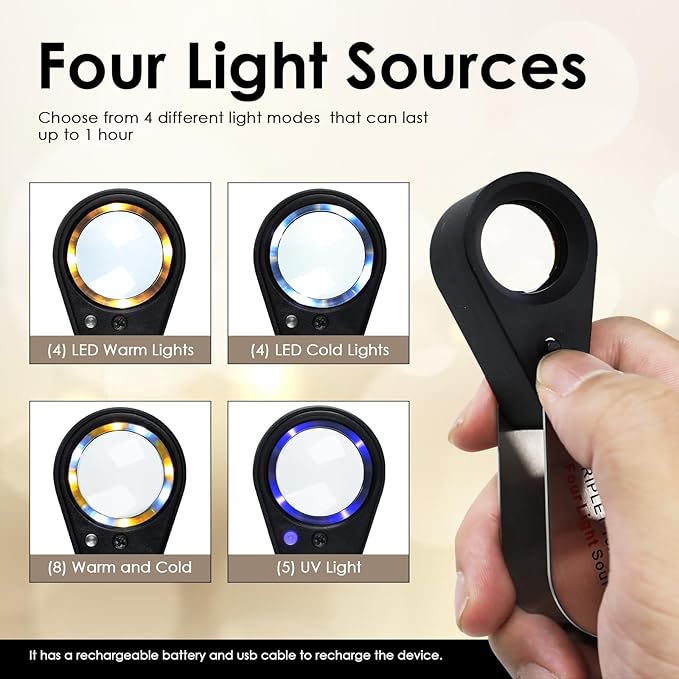 JuviPerpric 10X Jewelers Loupe with UV & LED Lights with Four Light Modes,22mm Portable Pocket Folable Loupe Jewelry Magnifier for Jewelry, Rocks, Coins (Sliver)