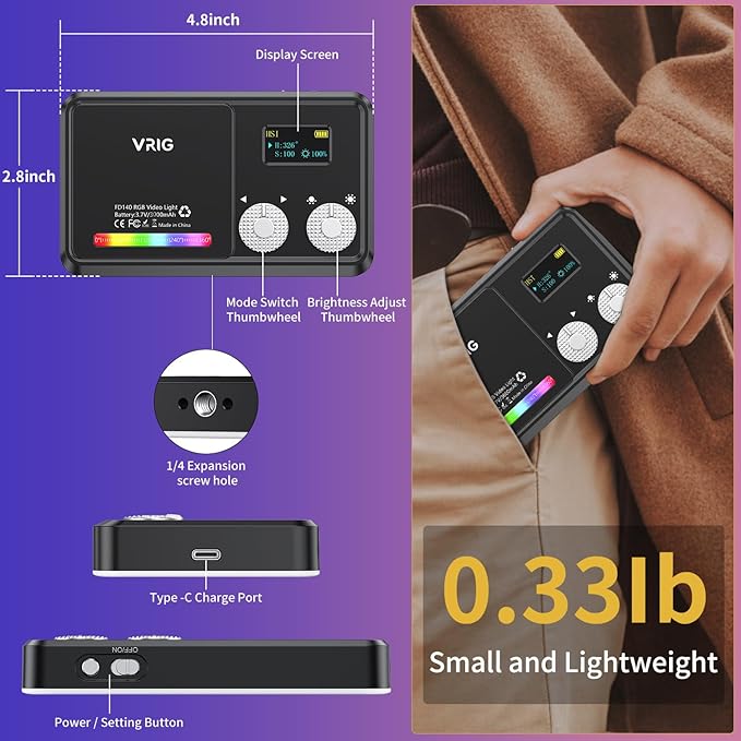 VRIG RGB Video Light, Portable LED Camera Light, 2500K-9000K, 3000 mAh, 20 Effects, 140 LEDs, OLED Display, DSLR Lighting for Photography, Recording, Vlogging, Content Creation