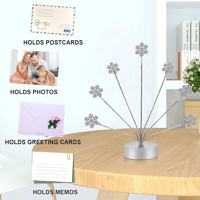 FaitAtten 7-Branch Family Desktop Photo Tree Holder Clip Round Base, Card Picture and Memo Desk Frame Display Stand for Wedding Party Christmas Photo Clip Holder Table Numbers (Snowflake)
