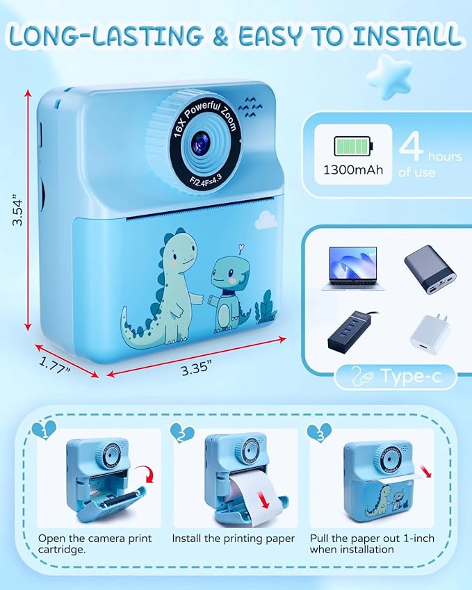 Kids Camera Instant Print, Digital Selfie Cameras with Carry Case & 5-Color Paper, Portable Toddler Toy Christmas Birthday Gifts for 3 4 5 6 7 8 9 10 11 12 Year Old Boys Girls - Blue
