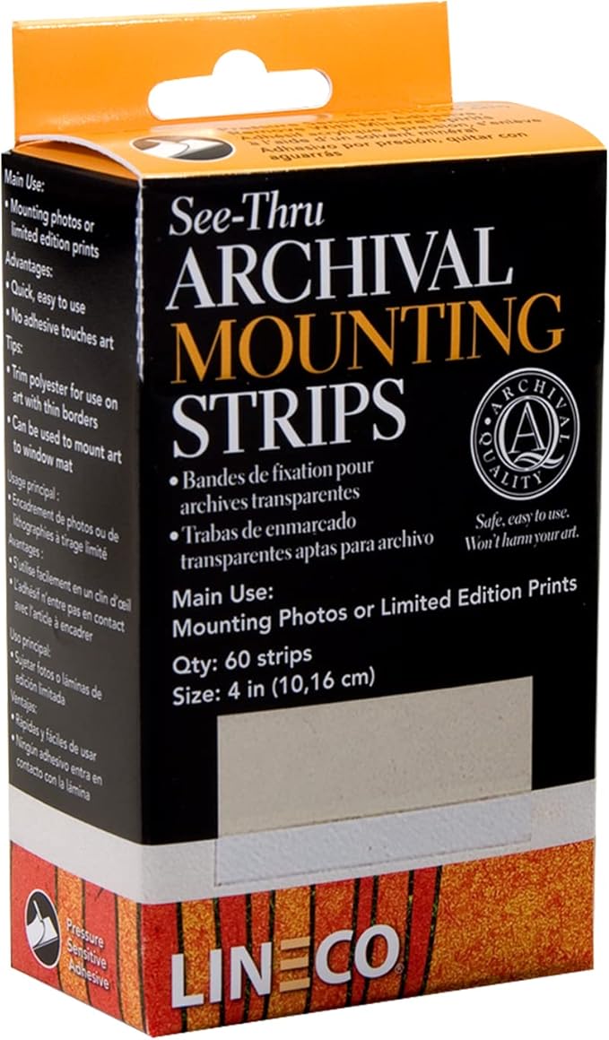 Lineco 4 Inches See-Through Archival Polyester Mounting Strips. Acid-Free, Framing Photos, Hinge-Less, Sturdy, Safe, Conservation, Easy, Artwork, Craft, DIY. (Pack of 60)
