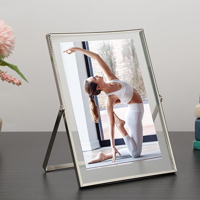 Silver 5x7'' Floating Frame Set of 2, For Photo Sizes (2x3'', 3.5x5'' 4x 6'' up to 5x7'' ), Beautiful Metal Lace Edge Frames Adjustable Tabletop/Shelf Photo Frame, Classy Gift Choice for Wedding,