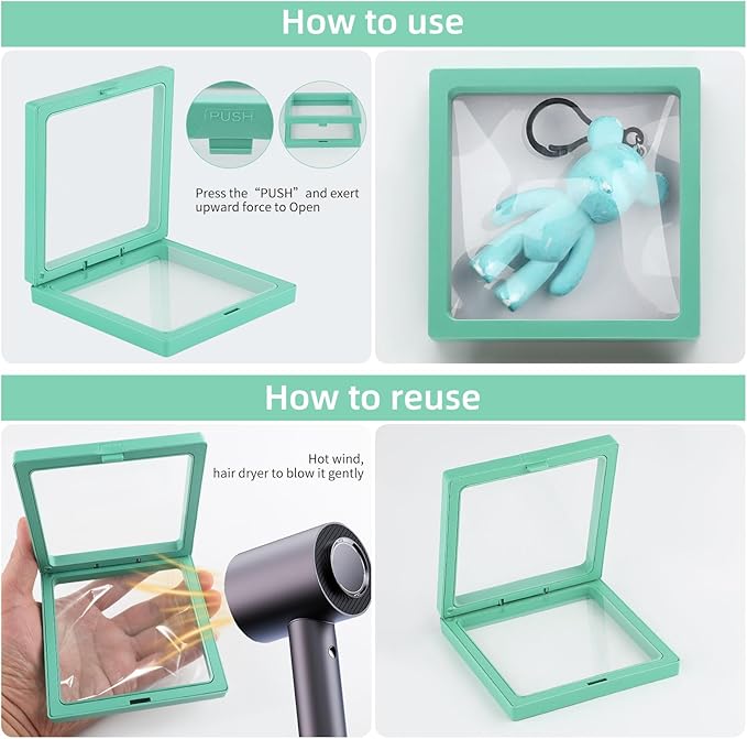 20 Pcs 3D Floating Display Case 4.3x4.3x0.8inch, Challenge Coin Display,Transparent PE Jewelry Storage Box,Floating Display Holder Stands for Antique Challenge Coins Medallion Stamps(Blue Green White)