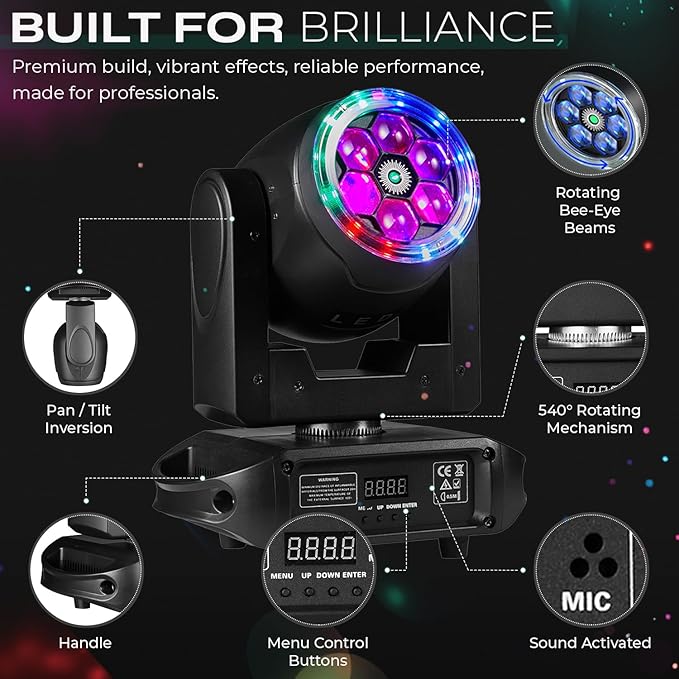 6×15W RGBW Bee-Eye Moving Head DJ Light – LED Ring & Starry Sky Effects, 540° Pan / 270° Tilt Stage Lighting with DMX512 Auto & Sound-Activated Modes for Parties, Clubs, Weddings
