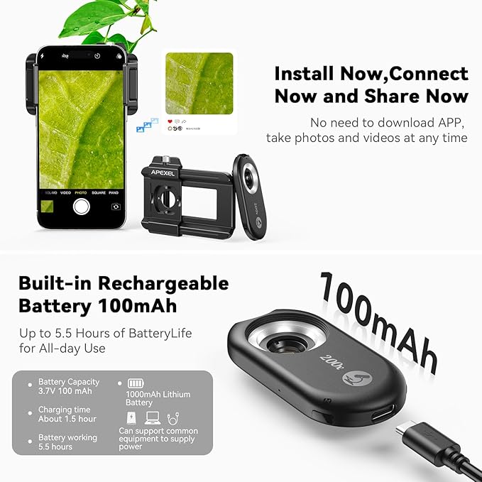 APEXEL Phone Microscope Lens, PhoneMicro 5 Series 200X Phone Micro Lens for Android/iPhone With LED Light/CPL/Universal Clip, Mini Pocket Microscope, Smartphone Camera Attachment for iPhone & Android.