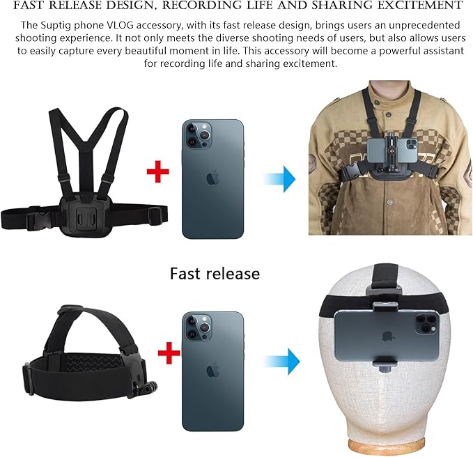 Suptig Phone Chest Mount, Phone Head Mount Compatbile for iPhone, Phone, GoPro Hero 13, Hero 12,11,10, 9, 8,7, 6, 5, 4, 3,2, 1,Gopro max2, AKASO, DJI Osmo, Insta 360 Action Cam