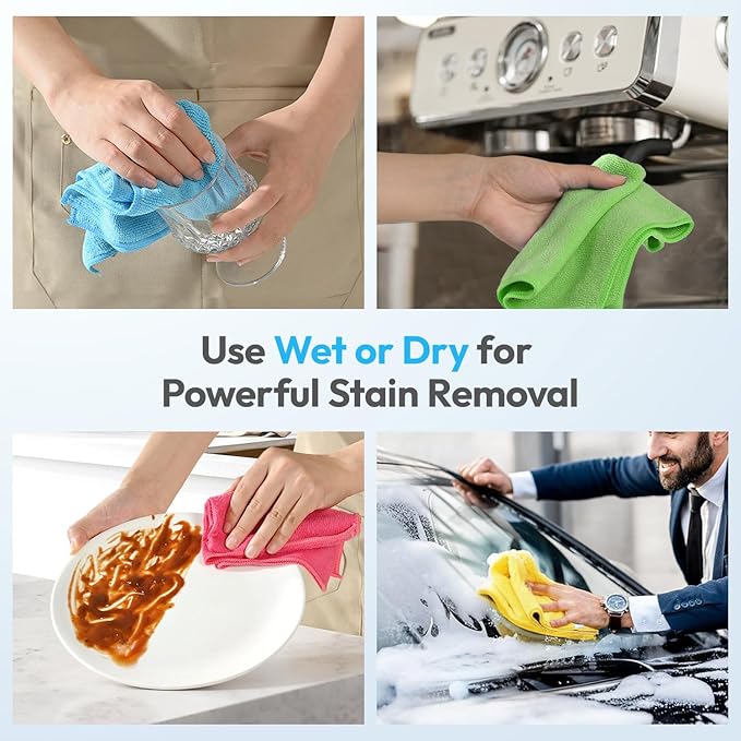 270GSM Thick Microfiber Cleaning Cloth 12"X12" - 12 Pack 4 Color Assorted Lint Free Kitchen Towels Lint Free Streak Free, Super Absorbent Reusable Multi Purpose Microfiber Towels for Cars