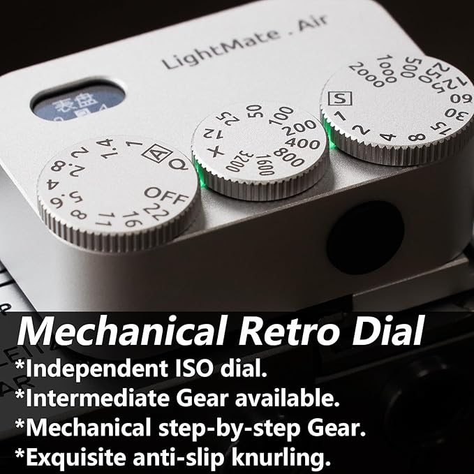 LightMate AirPro Light Meter Photography, 35°Wide-Angle Reflective Digital Exposure Meter, Rechargeable 20H Battery Life, 3 Dials Retro Exposure Indicator, for Leica & Other Film Cameras, Silver Metal