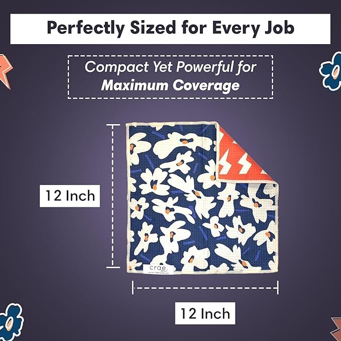 crae. Reversible Microfiber Washcloths 12x12 – Super Absorbent, Quick Drying Waffle Weave – Lint-Free, Scratch-Free Cleaning Cloths for Kitchen, Home, Cars & Windows (Aqua Daisy- Blue/Orange)