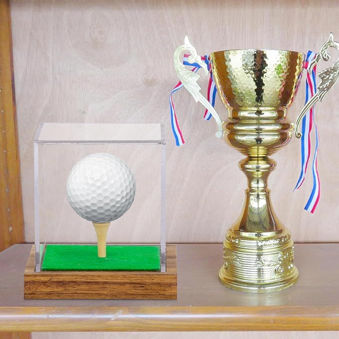 Hooqict 2 Pack Golf Ball Display Case Clear Acrylic Golf Ball Case Display with Wood Base & Tee Ball Holder Stand UV Protected Square Cube Box Golfball Collections