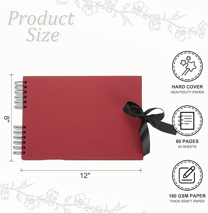 PATIKIL Scrapbook Photo Albums, 8x12 Inch 80 Pages Hardcover Scrapbooking Book DIY Album Supplies Kit with Sticker Ribbon for Gift Journal Memory Book Wedding Anniversary, Red, 1 Pcs