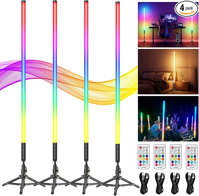 4 Pack RGB DJ Tube Lights 4ft LED Video Stick Lights with Stand 5000mAh Battery Powered Color Neon Light Bar for Parties Dance 360 Photo Booth Studio Photography Wedding Stage Lighting
