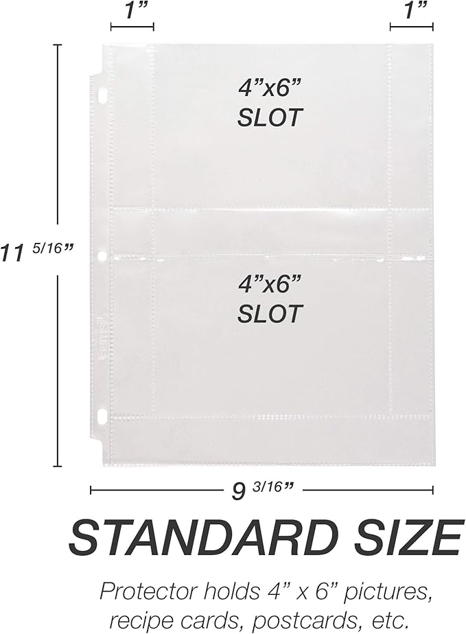 Samsill 4x6 Photo Pages for 3-Ring Binder 4x6, 25 Pack, Holds 100 Pictures, Each 2-Pocket Photo Pages Hold Four 4 x 6 Pictures, 4x6 Photo Pockets, 4x6 Photo Sheet Protector