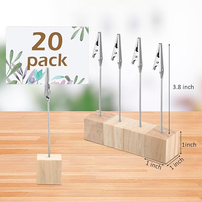 Gersoniel 20 Pcs Cube Base Memo Clip Holder with Alligator Clip Wood Table Number Holder Cube Base Place Card Stand Mini Photo Menu Stand for Displaying Number Card (Light Wood Color)