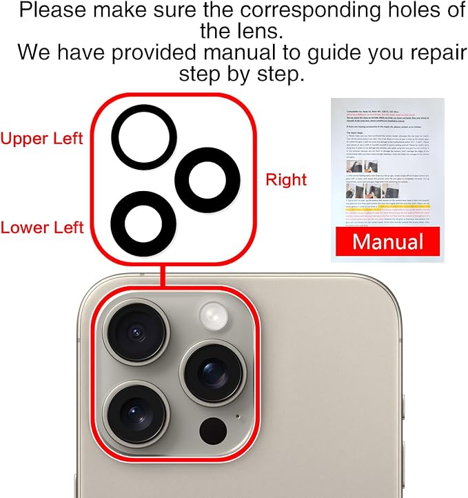 ASDAWN Back Rear Camera Lens Glass Replacement for iPhone 15 Pro Max 6.7 Inches with Pre-Installed Adhesive, ASDAWN Back Camera Lens Glass kit with Installation Manual + Repair Tool Set