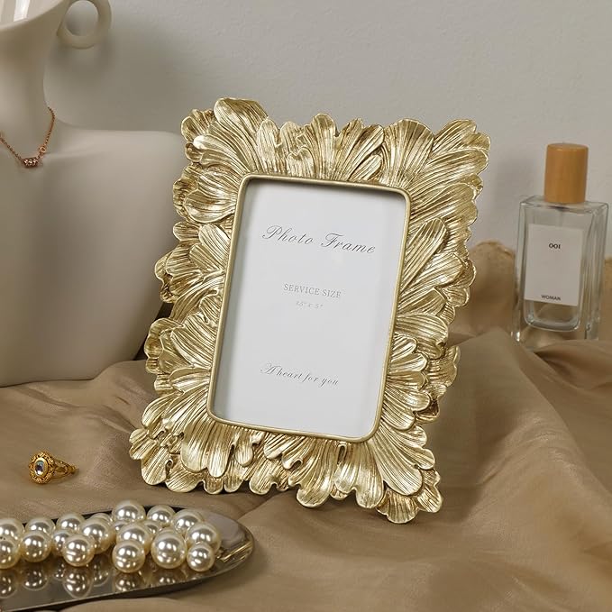 Cuspin 3x5 Picture Frame Small Gold Frames, Vintage Gold Palm Leaves Textured Hand-Crafted Resin with Glass Front, Elegant Retro Photo Frame for Wall and Tabletop Display Home Decor