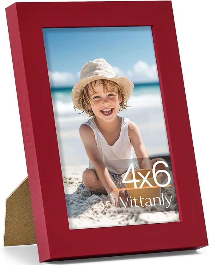 Vittanly 4x6 Picture Frame, Made of Solid Wood and Shatterproof Plexiglass, Wooden Photo Frame for Wall Mounting or Tabletop Display, Picture Frame for Home Decor with Stand, Red, 1 Pack
