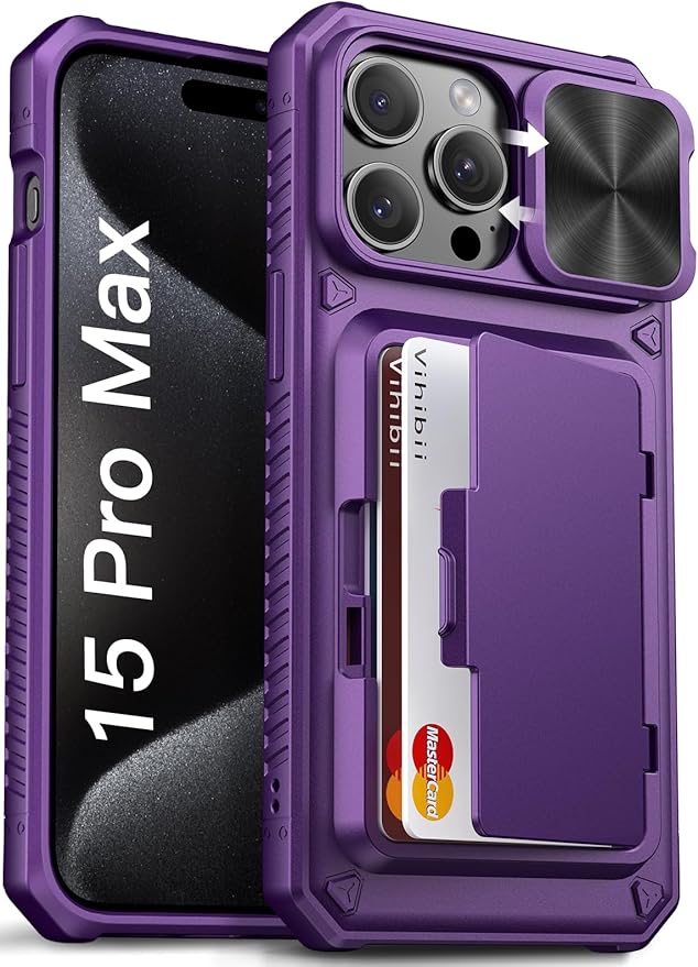 Vihibii for iPhone 15 Pro Max Wallet Case with Card Holder (4 Cards) & Slide Camera Cover & Kickstand, Raised Edges Protect Screen, Rugged Hard Back Cover for iPhone 15 Pro Max, 6.7" 2023, Dark Purple