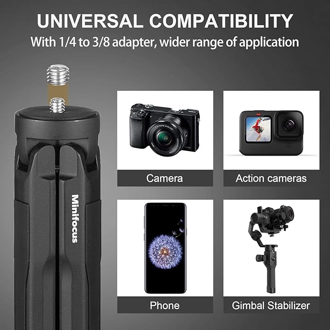 MINIFOCUS Aluminum Mini Tripod, Tabletop Handheld Tripods with 1/4'' and 3/8'' Screw, Portable Mini Travel Stand, Phone Holder for Gimbal Stabilizer DSLR Camera and Monopod
