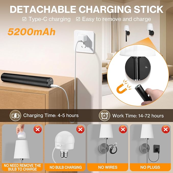Battery Operated Wall Sconce Set of 2, 5200mAh Wireless Wall Lights with Detachable Charging Stick & Dimmable Bulbs, 3 Colors Rechargeable Wall Lamps for Bedroom Living Room Hallway Decor, Black