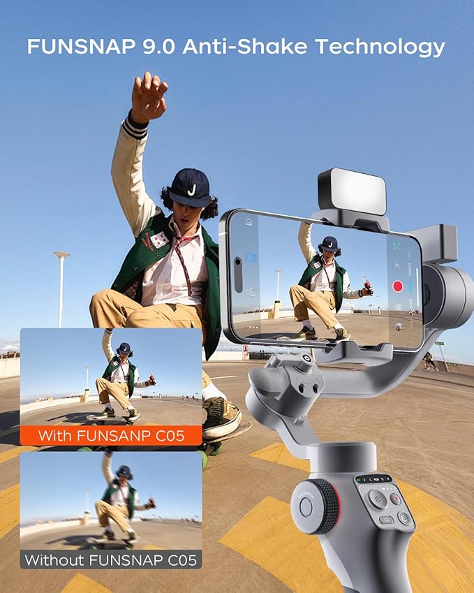 FUNSNAP Capture5 Gimbal Stabilizer for Smartphone, Magnetic AI Tracker Fill Light Remote Control 500g Payload, 3-Axis Phone Gimbal for Android & iPhone 16 15 Pro Max for Video Recording