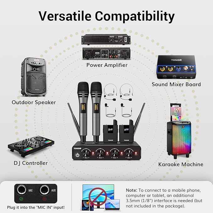 TONOR Wireless Microphone System, 4 * 10-Channel UHF Cordless Handheld Mic Set with Headset/Lavalier Lapel Mics, Bodypack Transmitter, Receiver, 60 m/200ft Range for Karaoke Singing Church PA Speaker