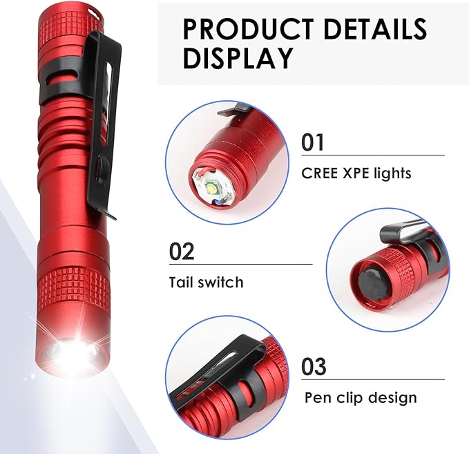 Mini Flashlight, AAA Small Pen Light with Clip, Portable 500lm Pocket Pen Flashlight for Inspection Repair Outdoor Emergency (3 Pack, Red, 3.5")
