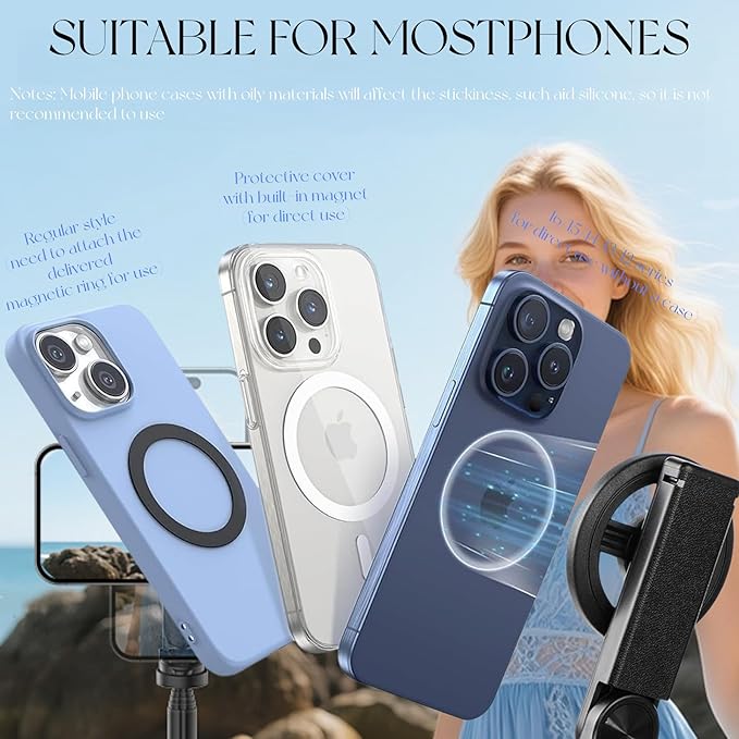 4-in-1 Multifunctional 360° Rotation Magnetic Selfie Stick for iPhone/Android - Portable Extendable Tripod with Detachable Remote, Universal Phone Mount & Metal Ring (Magnetic)