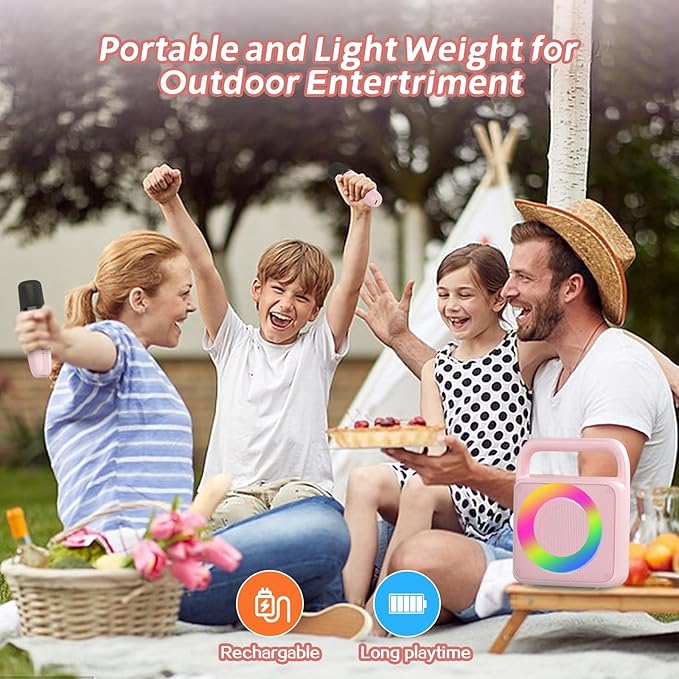Karoke Machine with 2 Wireless Mics,Portable Karaoke Microphone Toys with Colorful Lights and Magic Voices for Camping Party, Birthday Gift for Boys Girls Teenages Adults