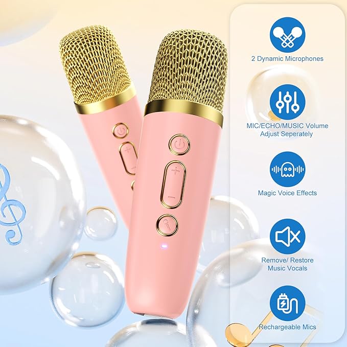 Mini Karaoke Machine for Kids Adults, Portable Bluetooth Speaker with 2 Wireless Microphones, Karaoke Toys for Family Party, Birthday Gifts for Girls Ages 4, 5, 6, 7, 8, 9, 10, 12+ (Pink, 2 Mics)
