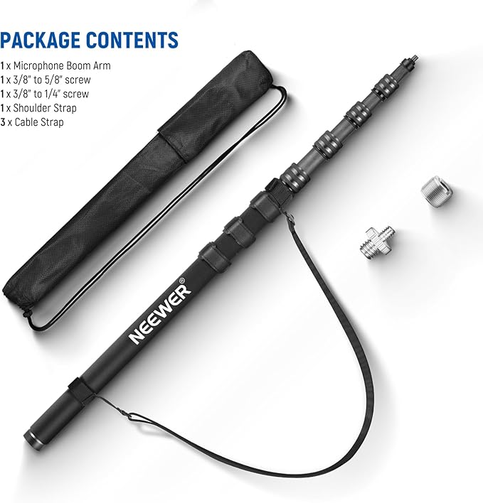 NEEWER Upgraded Microphone Boom Pole, 9.8ft/300cm Telescopic Carbon Fiber Mic Boom Arm with 5 Sections, 1/4" 3/8" 5/8" Screw Adapters, Cable Straps, Shoulder Strap & Storage Bag, MS-300CB (Black)