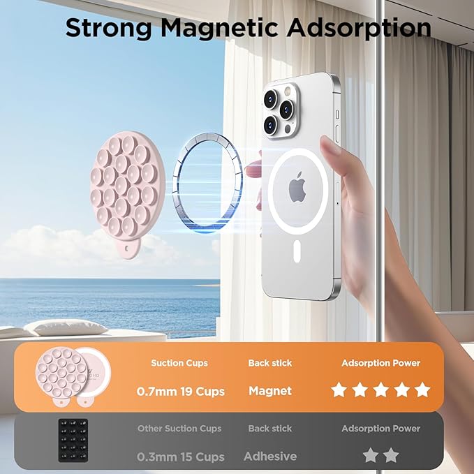 Magnetic Suction Cup Phone Mount, Compatible with MagSafe, Silicone Octo Cup Buddy Sticky Grip Holder for iPhone and Android, Removable Hands-Free Selfie/Video for TikTok, Lovely Pink