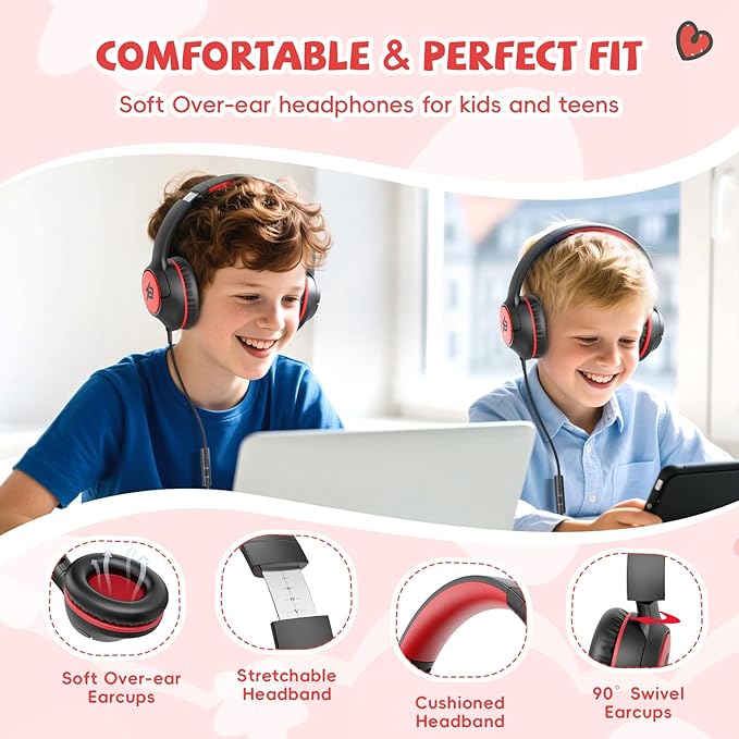 Kids Headphones Wired with USB C Plug, 85/94 dB Volume Limit, USB Type C Headphones for Kids Boys Girls, Foldable Stereo Sound Over Ear Wired Headphones for School/Tablet/Travel, Black Red