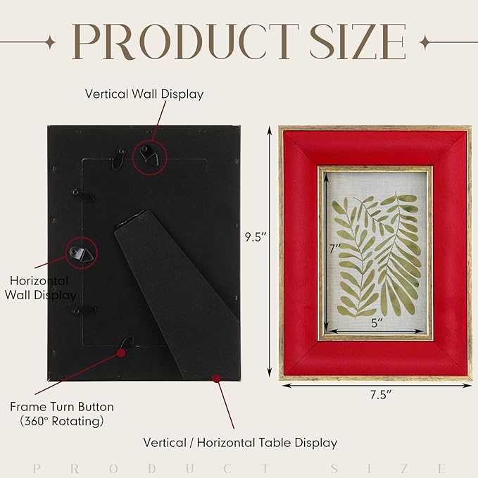 Kathfly 2 Pcs Red Velvet Picture Frame 5 x 7 Inch Vintage Photo Frame with Gold Metal Edge Horizontal & Vertical Mount for Poster Artwork Puzzles Tabletop Wall Display Christmas Home Office Decor