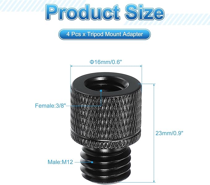 PATIKIL Tripod Screw Adapter 3/8" Female to M12 Male, 4 Pcs Tripod Nut Connectors Camera Mount Screw Camera Double Head Converter for Microphone Holder Magic Arms Accessories, 23 mm