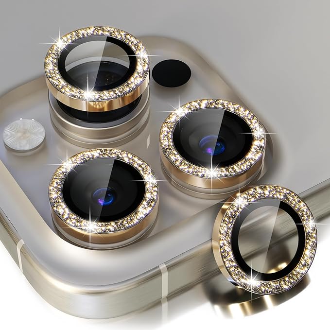 Choiche Compatible for iPhone 15 Pro/iPhone 15 Pro Max Camera Lens Protector Bling, 9H Tempered Glass Camera Cover Screen Protector Metal Ring Decoration Accessories (Glitter-Gold)