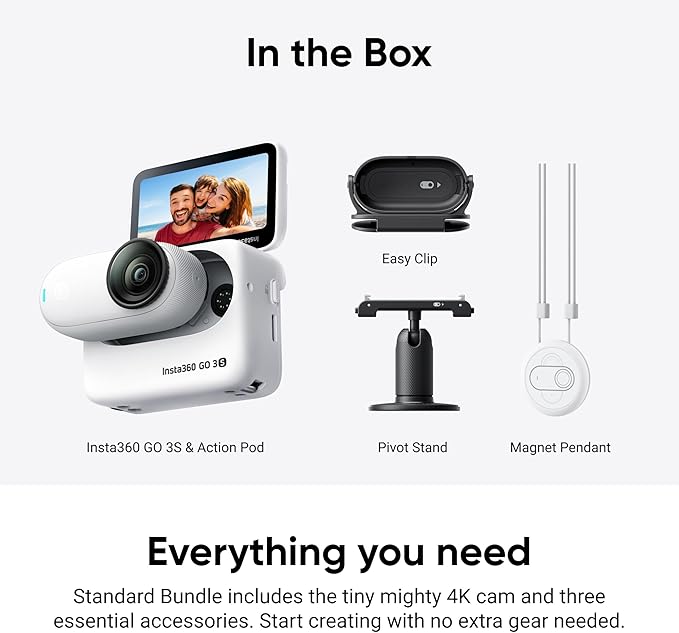 Insta360 GO 3S - 128 GB White 4K Tiny Portable Vlogging Camera, Hands-Free POVs, Mount Anywhere, Stabilization, 140 Min Battery Life, 10m Waterproof, Apple Find My, Pet POV