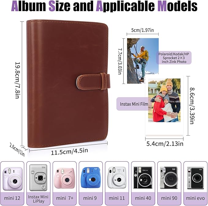 Riosin 108 Pockets Mini Album Compatible with Fujifilm Instax Mini film, Suitable for Instax Mini 12/11/7+/40/9/Evo/Link 2, 2x3"Photo Album for Canon Ivy 2 Printer Kpop Photocard (Brown)