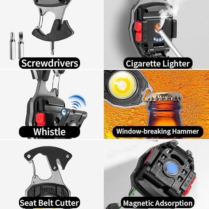 BY-J COB Keychain Work Light Keychain Flashlights 7 Light Modes 1600Lumen,COB Multi-Function Mini Work Light with Electric Lighter, Seat Belt Cutter, Screwdriver, Whistle