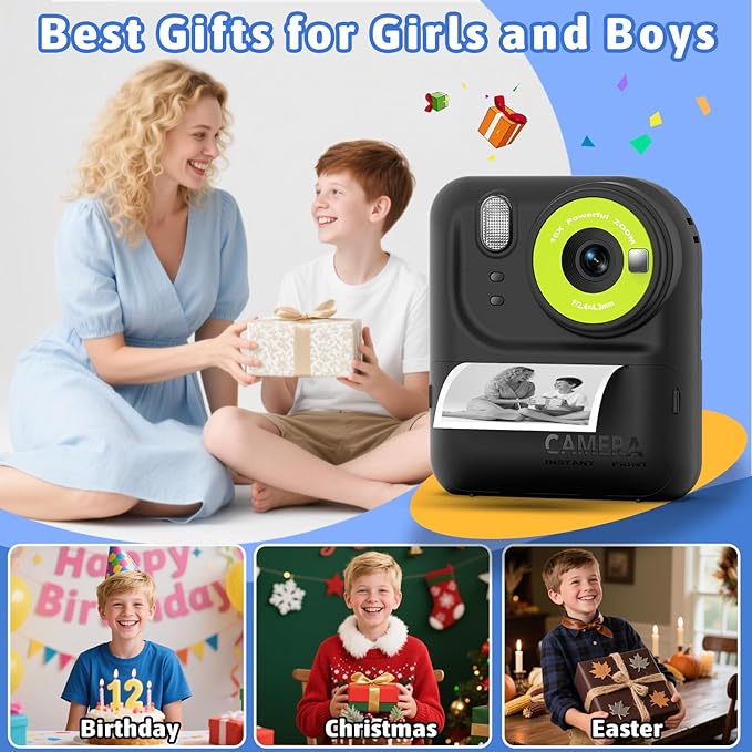 Okaloka Kids Instant Print Camera Toys,1080P HD Toddler Digital Video Camera,Birthday Christmas Gifts for Girls Boys age 3-12 Year old - 32G SD Card Included (Black)