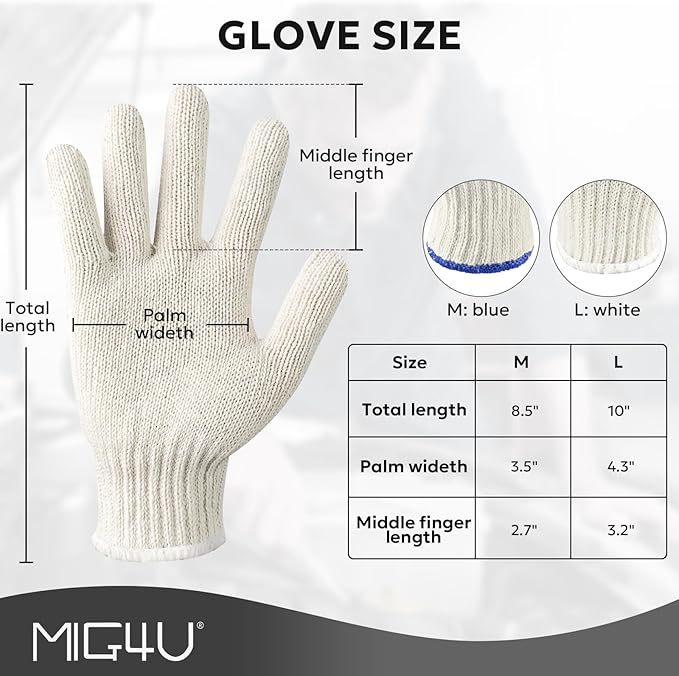 MIG4U 12 Pairs Work Gloves - Cotton String Gloves for Safety Work - Glove Liner Hand Saver Heat Protection for BBQ (Large, Heavy)